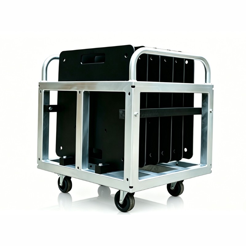 Steel truss base plate dolly carrying six 600 by 600 mm base plates