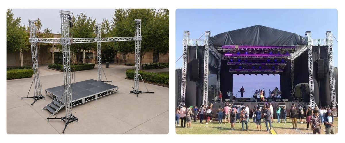 Aluminum event truss tower system with outriggers for outdoor stages live festivals setup Aluminum event truss tower system with outriggers for outdoor stages live festivals setup