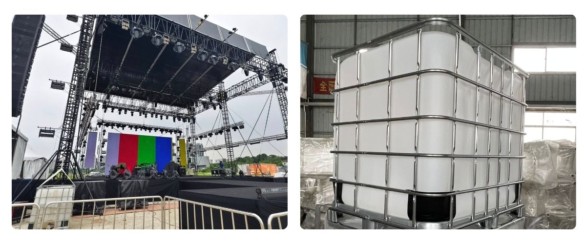 Outdoor concert truss roof system with water ballast tank for wind load stabilization Outdoor concert truss roof system with water ballast tank for wind load stabilization