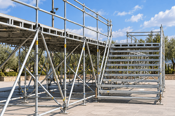 Elevated steel scaffolding stage with integrated stair access