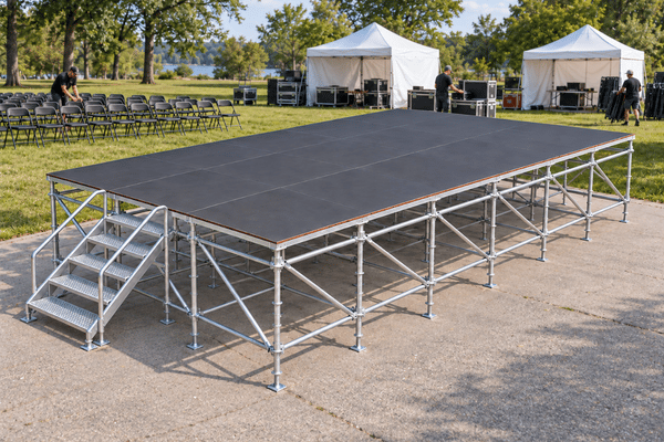 Raised modular steel layher stage platform for events